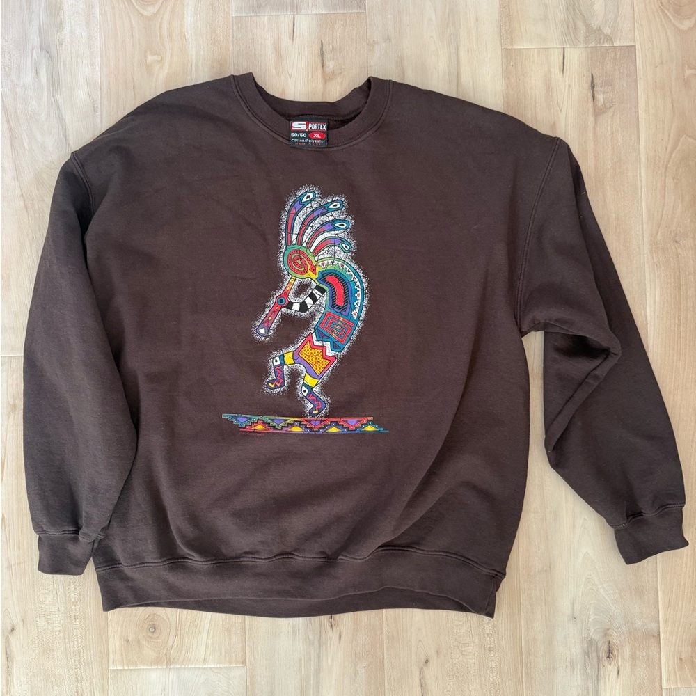 Vintage Southwestern Embroidered Kokopelli Crewneck Sweater - Brown